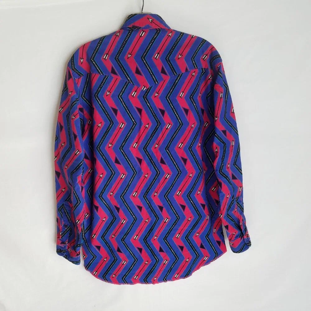 Vintage Wrangler Cowboy Cut Long Tails Aztec Arrows Westesrn Shirt Size 15.5 -34
